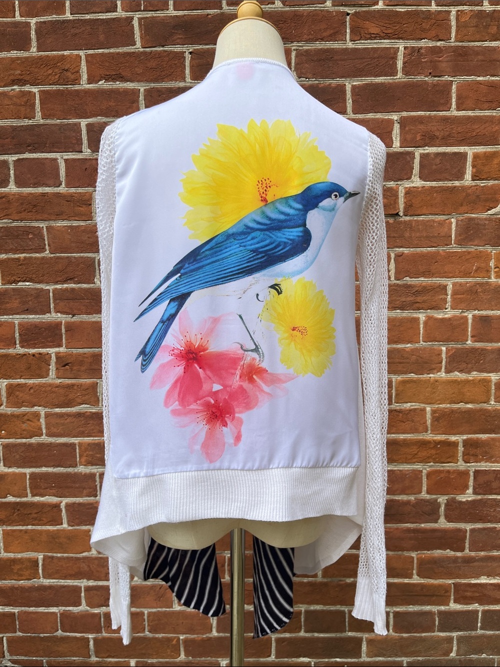 FARM RIO White Draped Waterfall Cardigan Sheer Mesh Long Sleeves Blue Bird Print